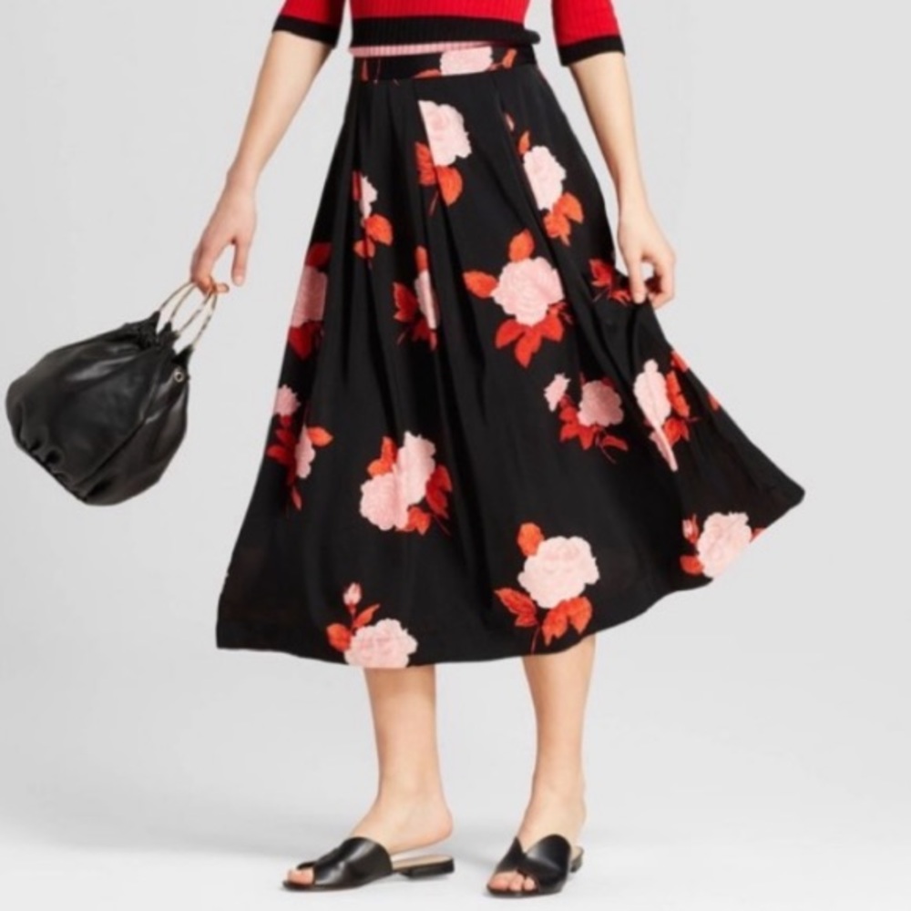 Who What Wear Black Silk Midi Skirt Red Pink Rose Floral Print Valentine
